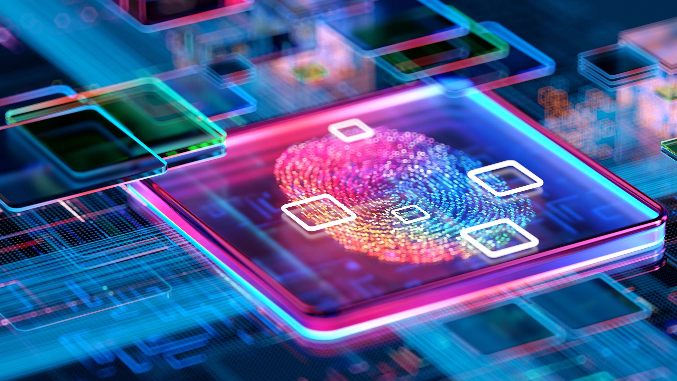 Colorful digital fingerprint on a futuristic tech interface.